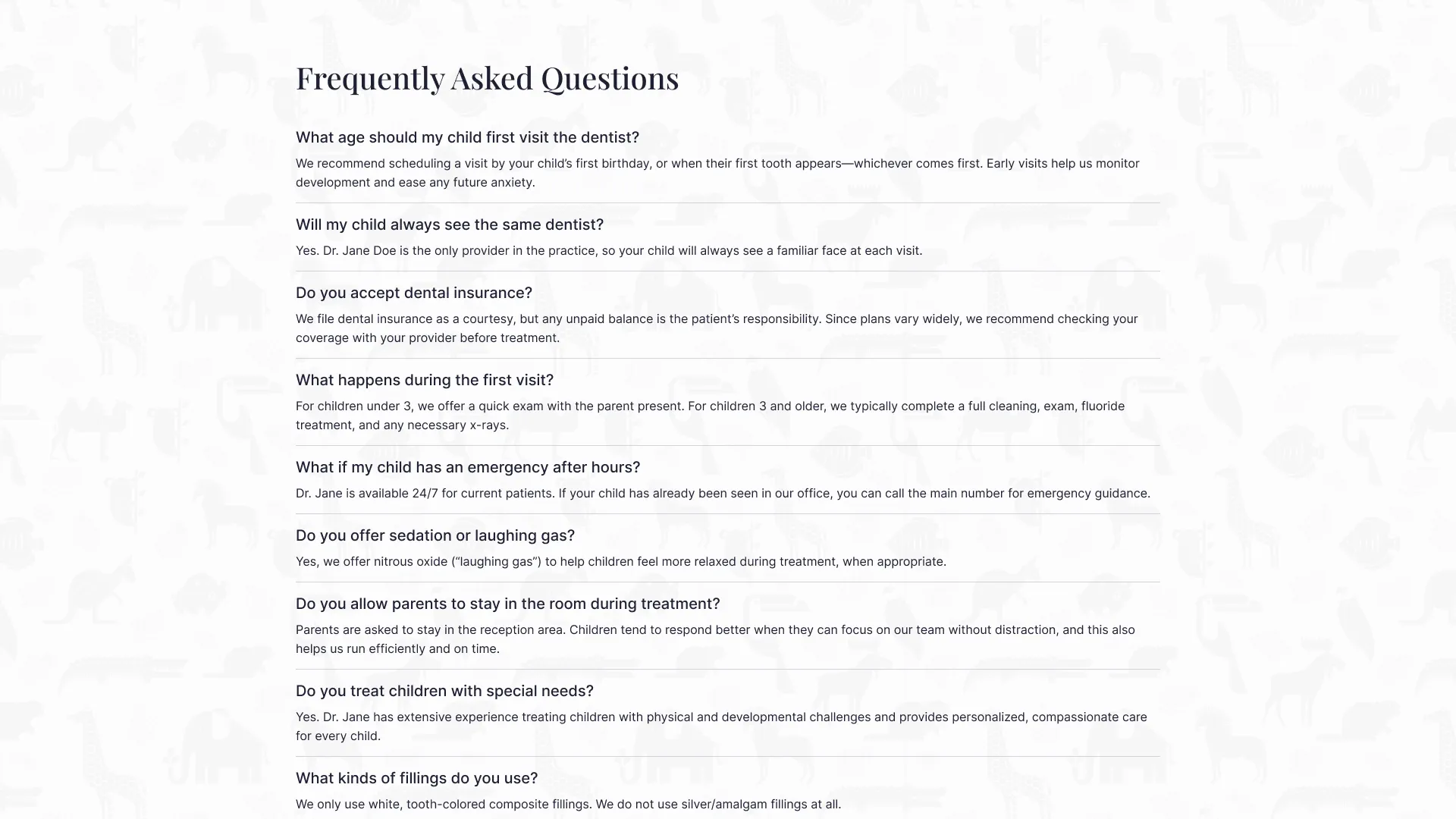 FAQ layout with readable content blocks and refined spacing